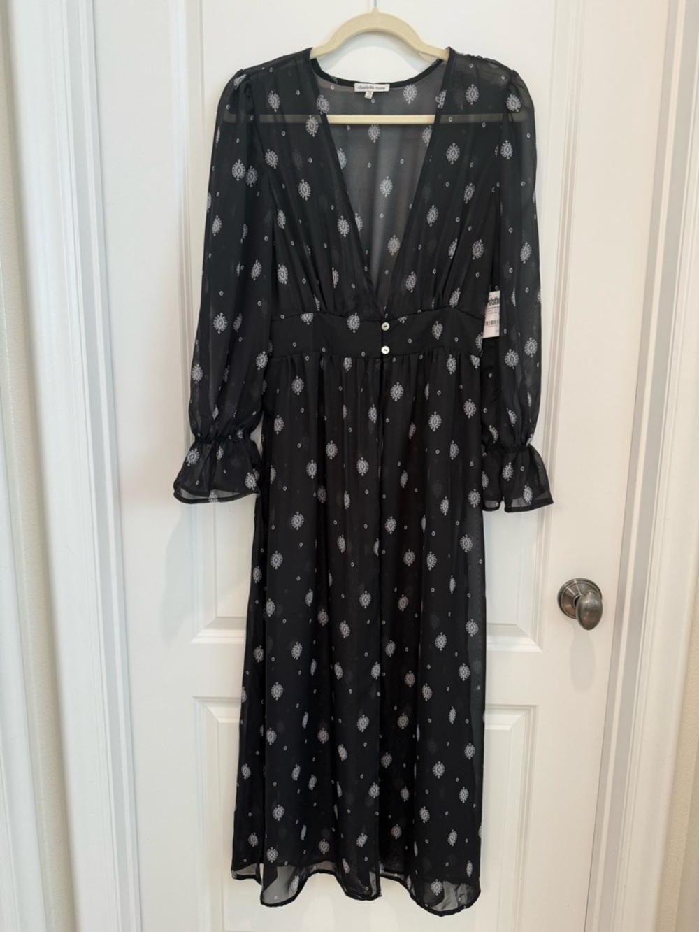 Reformation Black Printed V-Neck Long Sleeve Midi Open Dress-NWT